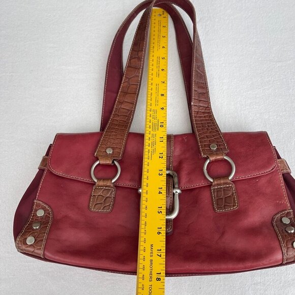 Franco Sarto Red Leather Embossed Brown Trim Shoulder Bag Dual Straps Buckle - Picture 15 of 16